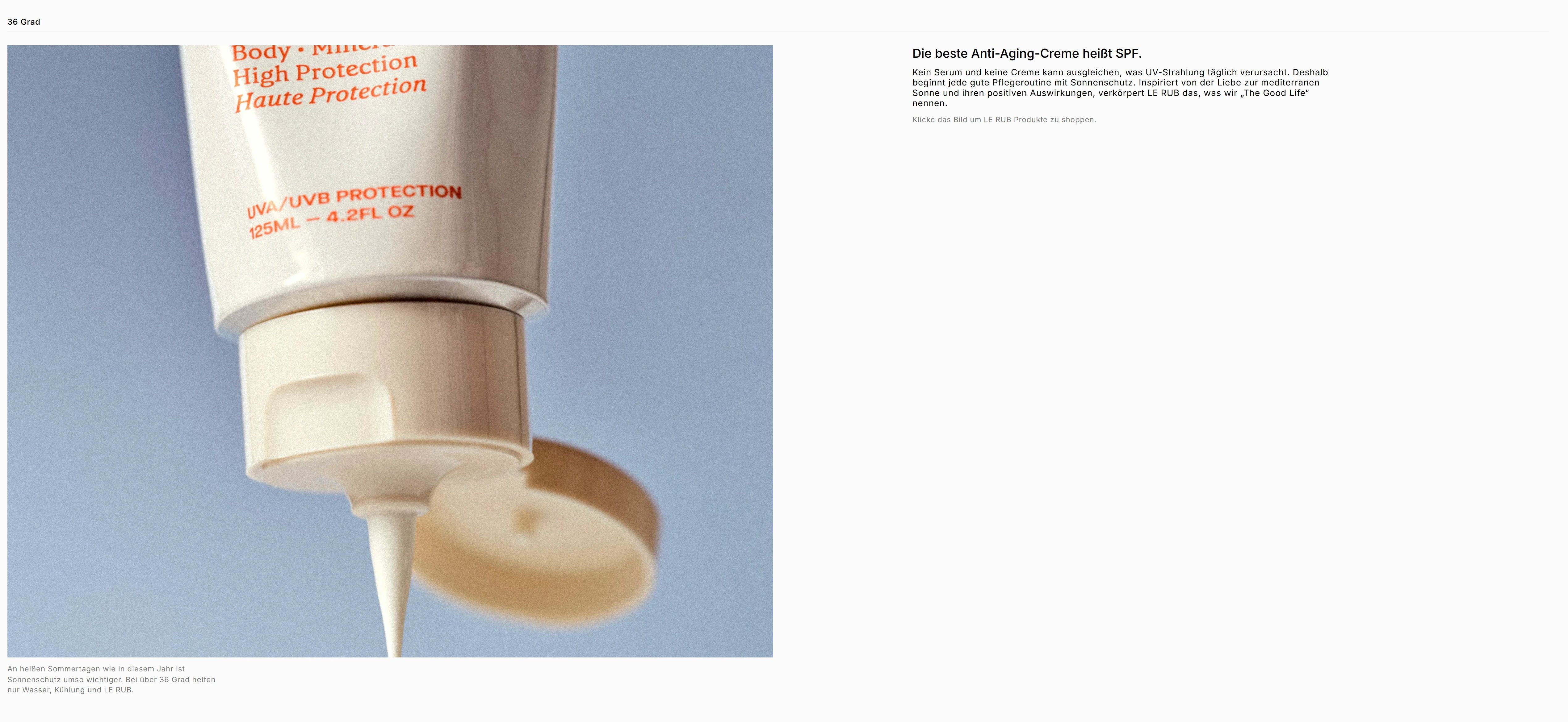 Editorial shop spread — sunscreen tube squeezing against a blue sky