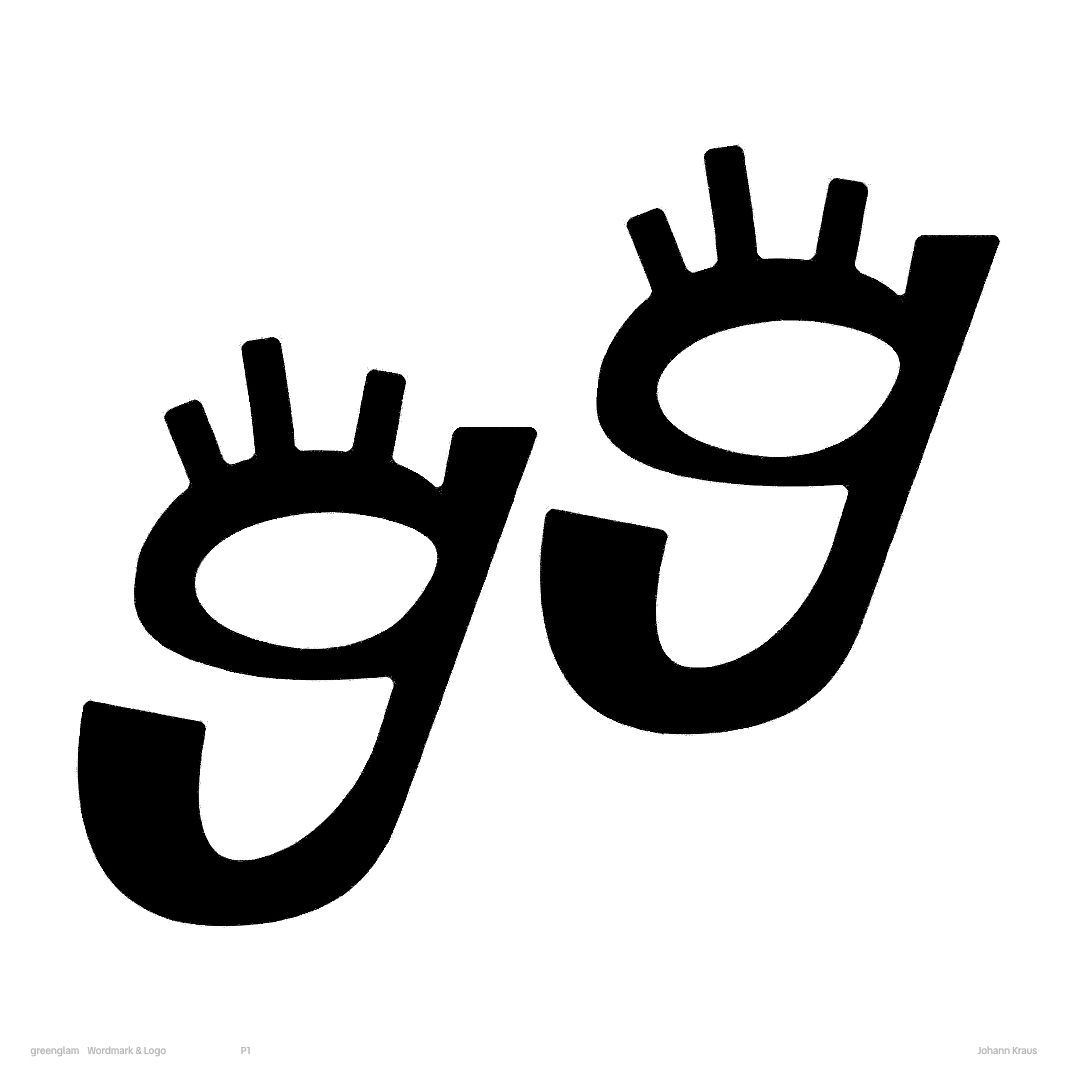 GreenGlam logo mark — two lowercase g’s with lashes, black on white