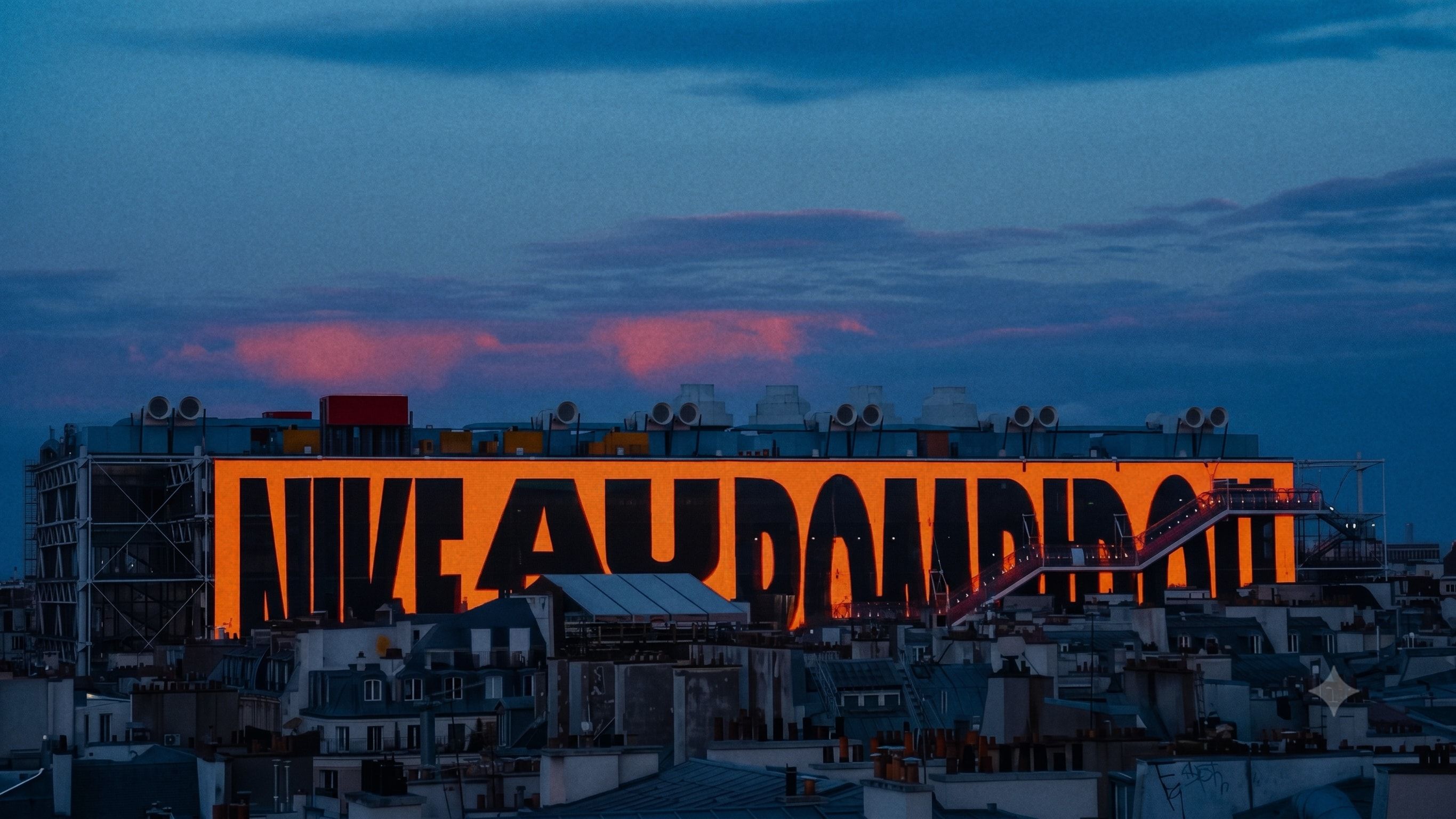 Centre Pompidou at dusk, wrapped in the giant orange NIKE AU POMPIDOU banner