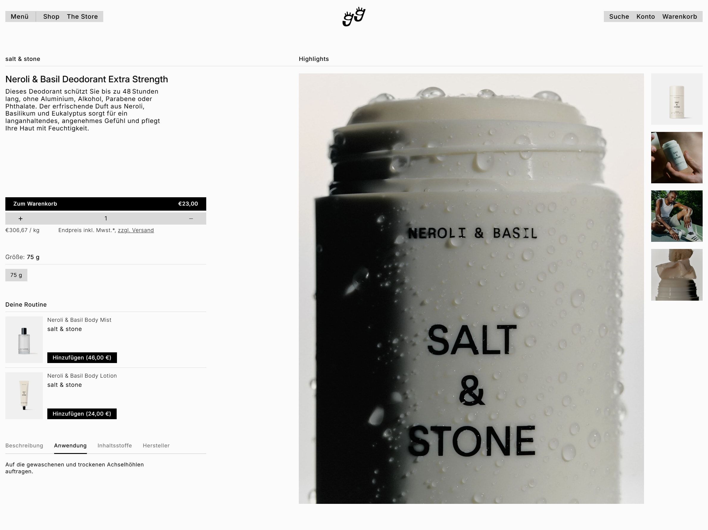 Product page — Neroli & Basil deodorant with routine suggestions
